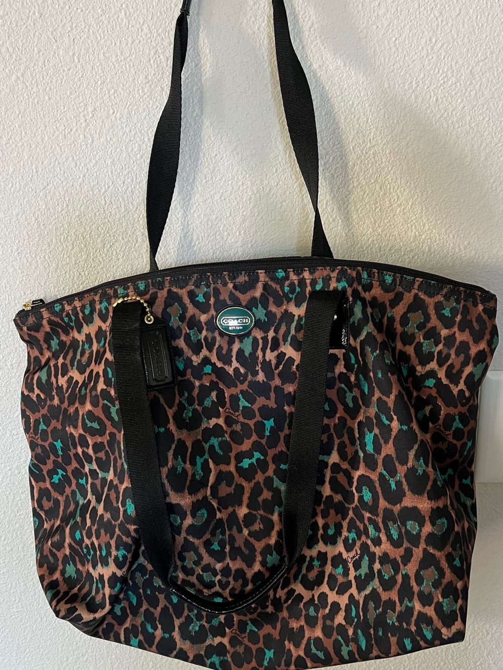 Coach Leopard-Print Tote in Brown and Teal Accent
